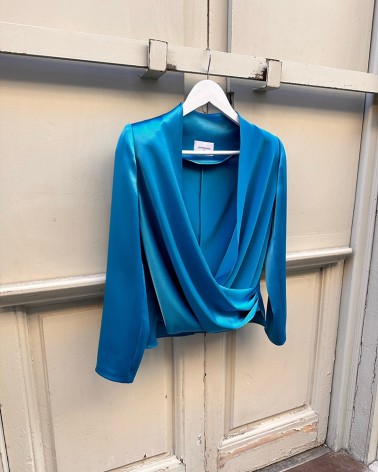 Satin bright blue Drap blouse