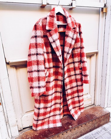 red checks soft & long Coat