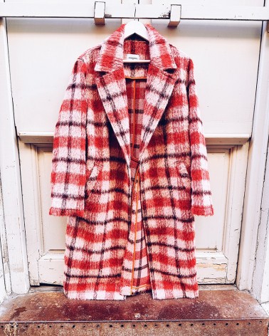 red checks soft & long Coat