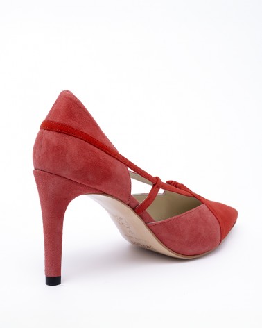 red bi-tone suede heel