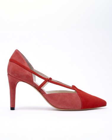 red bi-tone suede heel