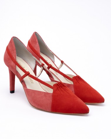 red bi-tone suede heel
