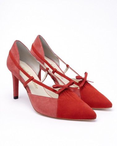 red bi-tone suede heel