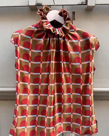 Collar ruff print silk blouse